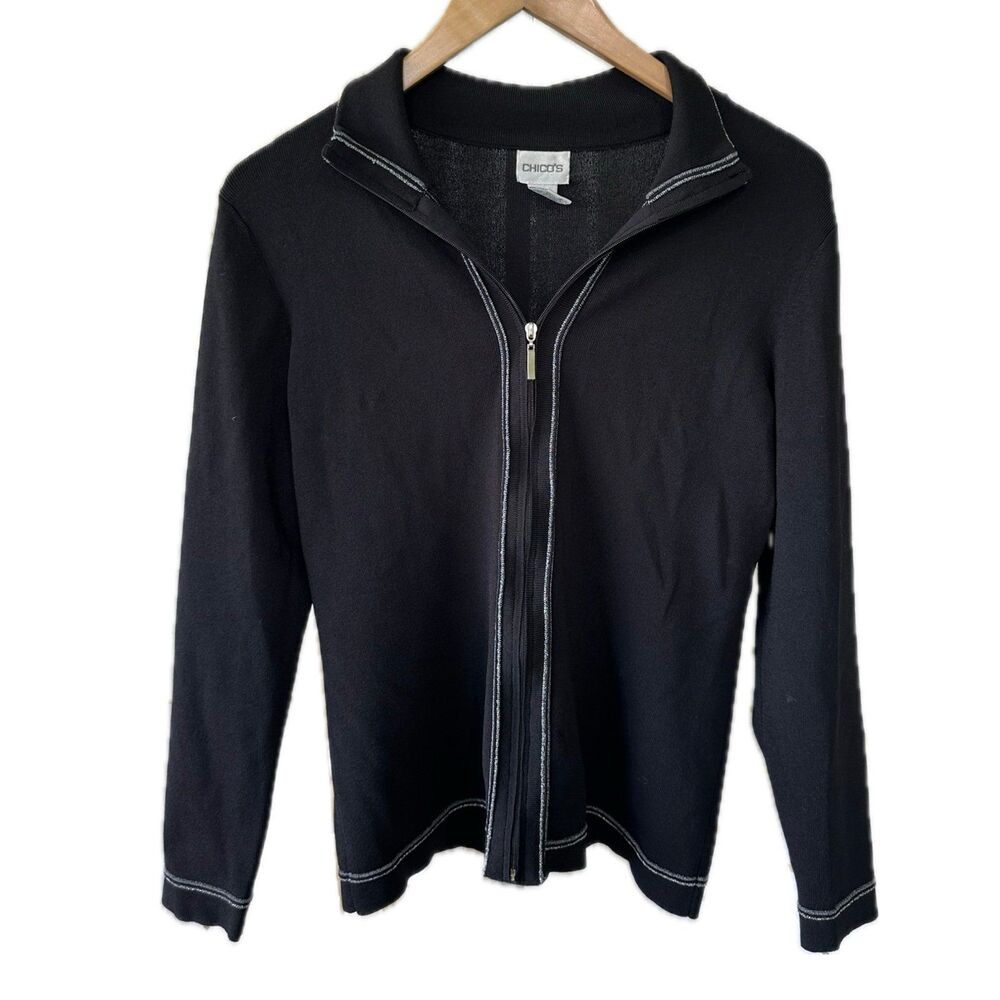 Chico's Black Knit Lightweight Metallic Silver Trim Zip Up Sweater Jacket S/4